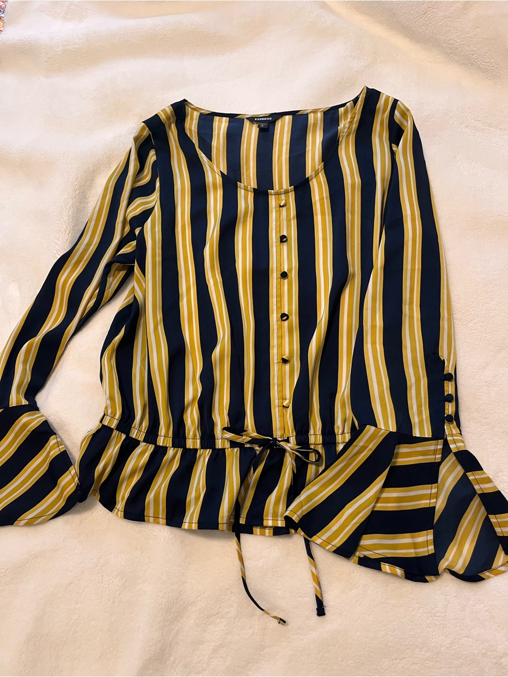 Express Navy and Mustard Striped Button-Front Blouse